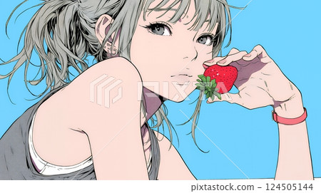 年輕女子採摘和吃草莓 124505144