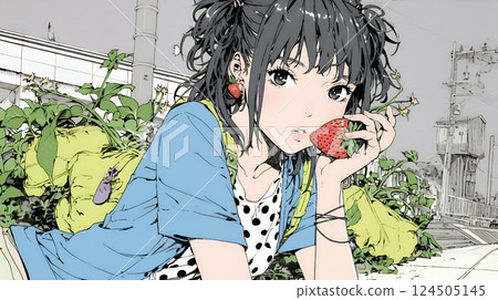 年輕女子採摘和吃草莓 124505145