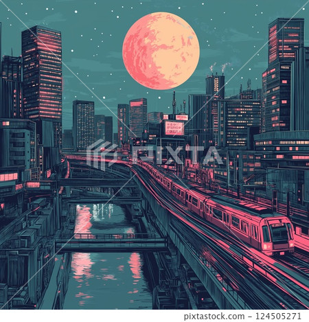 夢幻般的月光城市景觀、粉紅色和藍色的城市流行背景插圖 124505271