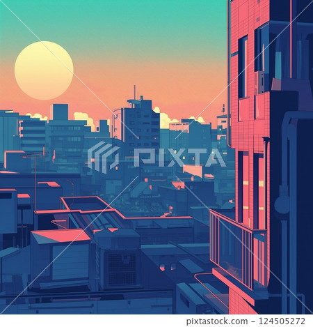 夢幻般的月光城市景觀、粉紅色和藍色的城市流行背景插圖 124505272