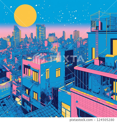 復古流行風格的城市夜景，有美麗的滿月和星空，背景插圖 124505280