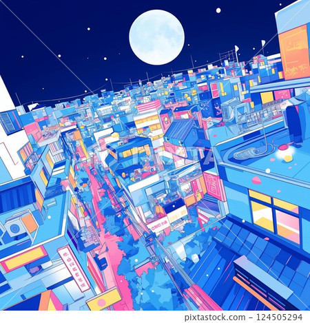 Illustration material of a retro pop night view of a city with a full moon shining in the night sky Illustration material of a retro pop night view of a city with a full moon shining in the night sky 124505294