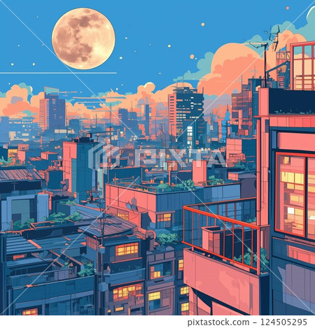 Illustration material of a retro pop night view of a city with a full moon shining in the night sky 124505295
