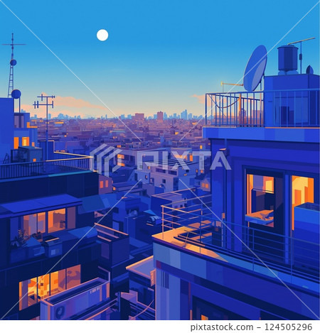 Nostalgic 80s neon city night view and full moon in the blue sky 124505296