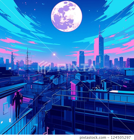 Nostalgic 80s neon city night view and full moon in the blue sky 124505297