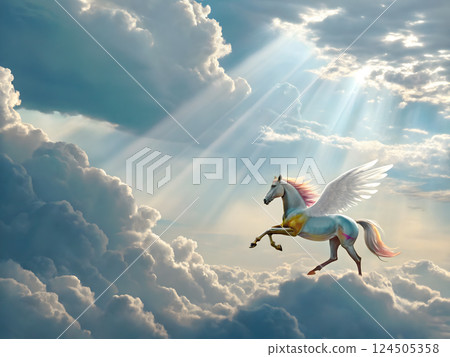 A colorful pegasus flying against a backdrop of clouds and crepuscular rays in the cloud space 124505358