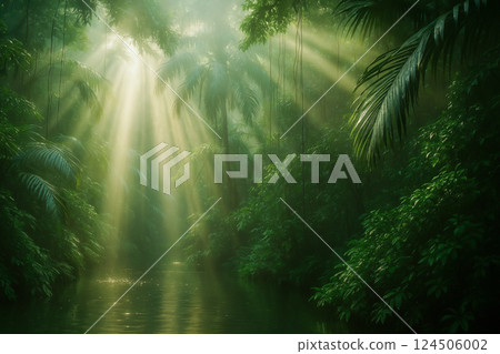 Sunlight streams through lush rainforest canopy, illuminating a tranquil river 124506002