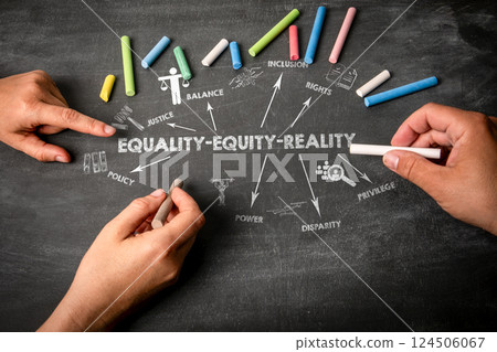 Equality Equity Reality Concept. Illustration with icons, arrows and keywords on a black chalkboard 124506067