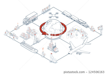 Global logistics network. 3D isometric scenes showing export-import operations via air, road, rail, and cargo services. Global logistics network. 3D isometric scenes showing export-import operations via air, road, rail, and cargo services. 124506163