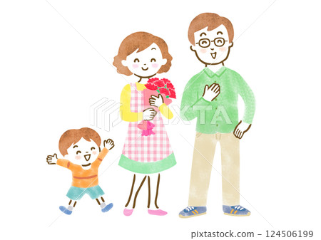 全身插畫：一位微笑的母親和家人收到一朵康乃馨 124506199