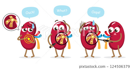 Kidney stones and normal kidney . Funny medical renal cartoon characters . Isolated white background . Vector . Kidney stones and normal kidney . Funny medical renal cartoon characters . Isolated white background . Vector . 124506379