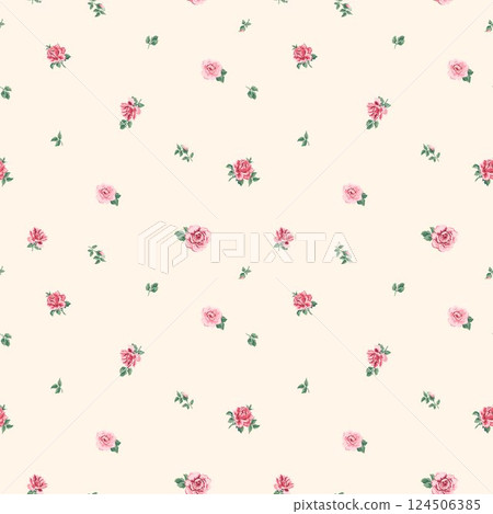 Seamless Millefleurs Floral Pattern with Small Hand-Drawn Flowers Roses in Liberty Style. Vintage Spring Bouquet Design for Fashion Prints. Small Roses on Light Background, Rococo. Rustic 124506385