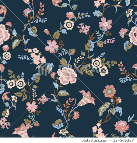 Seamless Millefleurs Floral Pattern with Small Hand-Drawn Flowers in Liberty Style. Vintage Spring Bouquet Design for Fashion Prints. Vertical floral wallpaper 124506387