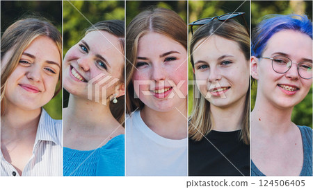 Five diverse teenage girls enjoying their time together, representing friendship, youth, and diversity 124506405