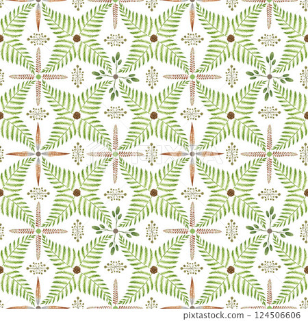 Green fern leaf seamless pattern geometric tile decor painted illustration. Hand drawn forest floral elegant natural decoration. Fern leaves with cones pattern design element with white background 124506606
