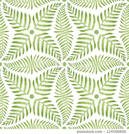 Fern leaf geometric seamless pattern decor painted illustration. Hand drawn green floral elegant decoration element. Fresh green fern leaves tile seamless pattern on white background 124506608