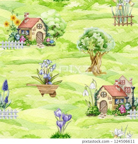 Springtime mood seamless pattern decor element. Hand drawn watercolor illustration. Small cute vintage houses decorated with primrose flowers, daffodils, snowdrops on green lush grassy background 124506611