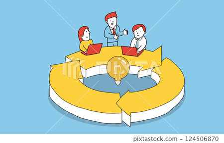 Businessman working at an arrow-shaped table. An illustration of the efficiency of working with a small number of people. 124506870