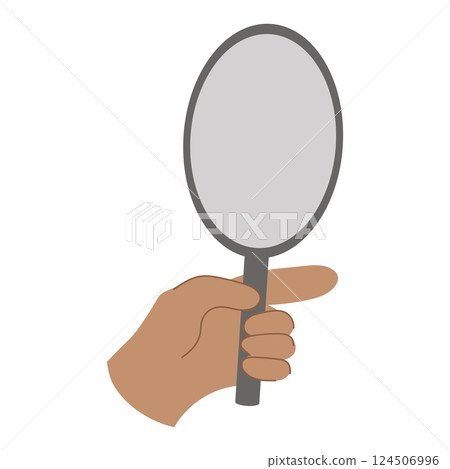 An illustration of a hand holding a gray mirror. 124506996