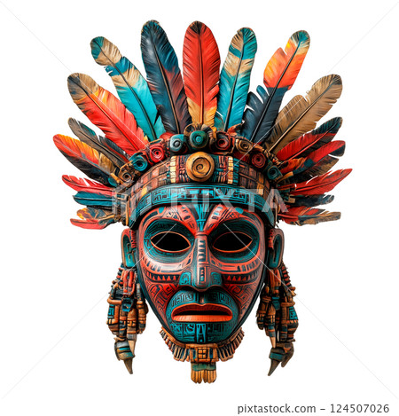 Colorful tribal mask with intricate patterns and vibrant feathers isolated on a transparent background. Traditional ceremonial mask with native design and cultural symbolism. 124507026