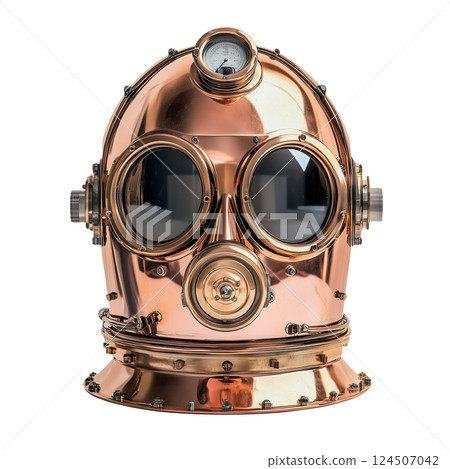 Vintage brass diving helmet isolated on a transparent background. Antique deep sea diving helmet with round glass windows and pressure gauge, classic underwater equipment for marine use. 124507042