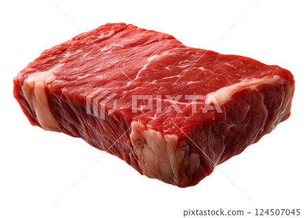 Raw beef steak isolated on a transparent background. Fresh rectangular meat cut with visible fat layers and muscle fibers, uncooked red meat portion for culinary projects and food design. 124507045