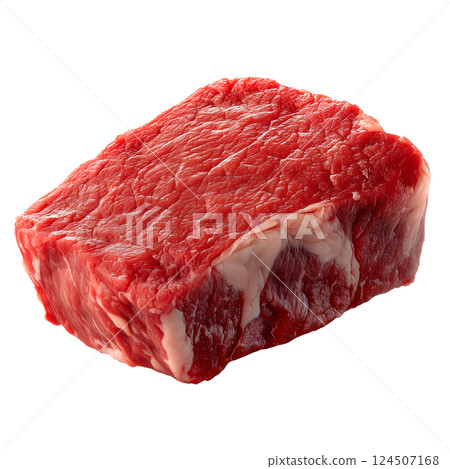 Raw beef steak isolated on a transparent background. Fresh rectangular meat cut with visible fat layers and muscle fibers, uncooked red meat portion for culinary projects and food design. 124507168