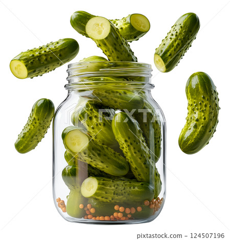 Glass jar with pickled cucumbers and mustard seeds isolated on a transparent background. Flying pickles around the jar. Fermented vegetables for preservation and flavor. 124507196