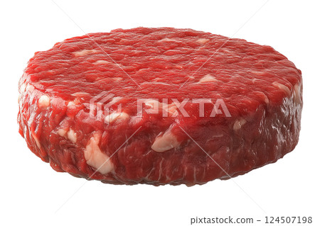 Raw beef burger patty isolated on a transparent background. Uncooked ground meat in a round shape with visible fat marbling, fresh hamburger portion for food design and cooking projects. 124507198