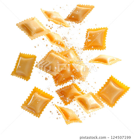 Set of raw ravioli pieces falling in water, isolated on a transparent background. Fresh Italian pasta with bubbles, uncooked and flying underwater with splashes. 124507199
