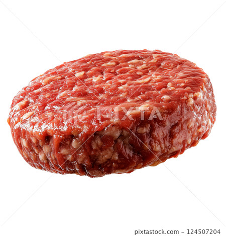 Raw beef burger patty isolated on a transparent background. Round ground meat portion for hamburger preparation, uncooked minced beef with visible fat pieces 124507204