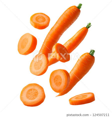 Flying fresh carrots and carrot slices isolated on a transparent background. Whole orange carrots and round pieces, raw vegetable flying in air for food and design use. 124507211