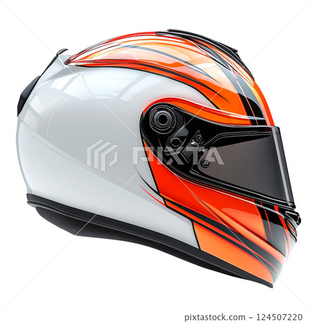 Motorcycle helmet with aerodynamic design, white and orange graphics, and tinted visor isolated on a transparent background. Modern protective gear for bikers, motorsports, and safety equipment. 124507220