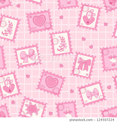 Pink Coquette Seamless Pattern. Romantic Postage Stamps with Ribbon Bow, Rose and Vintage Heart, Lock, Magic Potion on checkered background. Girly Vibe. Trendy aesthetic template. Vector illustration Pink Coquette Seamless Pattern. Romantic Postage Stamps with Ribbon Bow, Rose and Vintage Heart, Lock, Magic Potion on checkered background. Girly Vibe. Trendy aesthetic template. Vector illustration 124507224