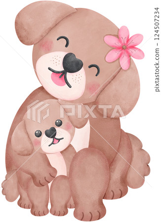 mother's day dog mom hugging baby cub in watercolor style showing love pet and animal family themes mother's day dog mom hugging baby cub in watercolor style showing love pet and animal family themes 124507234