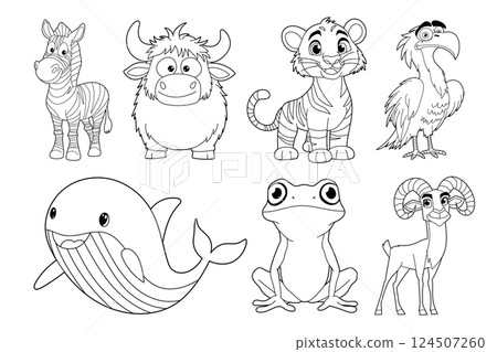 A collection of diverse animal cartoon outlines including zebra, yak, tiger, eagle, whale, frog, and ram in a simple illustration. 124507260