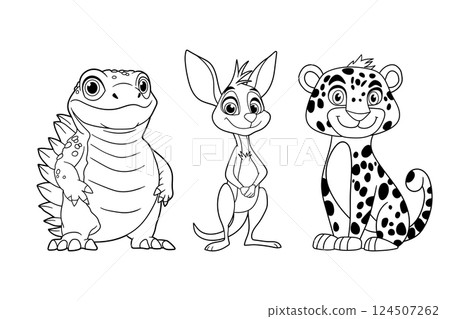 A charming black and white illustration featuring a smiling lizard, a kangaroo, and a cheetah, perfect for a coloring book page. 124507262