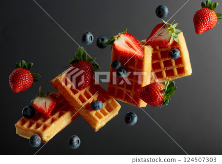 Waffles with blueberries and strawberries. Waffles with blueberries and strawberries. 124507303