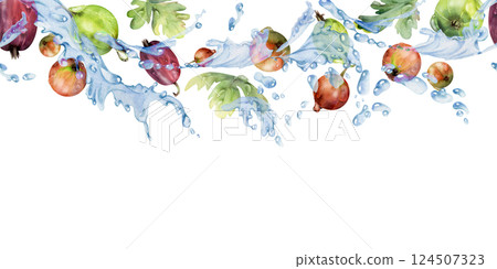 Gooseberry Currant flying with green leaves and dew drops in water splash, ripe summer garden berry hand drawn in watercolor. Isolated seamless banner for home preserves, stationery, menu, recipe book 124507323