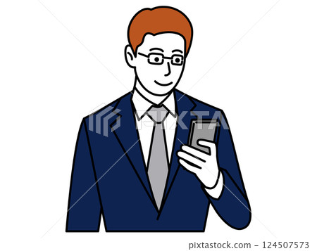 一個穿著西裝的男人看著智慧型手機 124507573