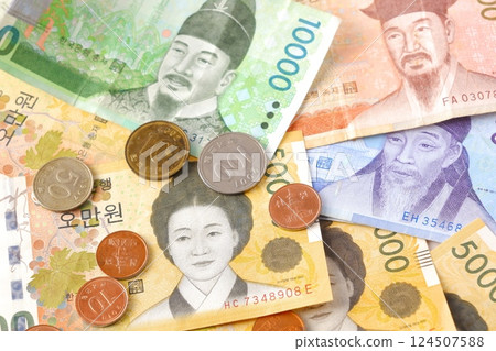 Korean currency, Won KRW (banknotes and coins) Korean currency, Won KRW (banknotes and coins) 124507588