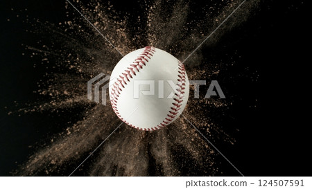 Baseball ball with coloured powder explosion. 124507591