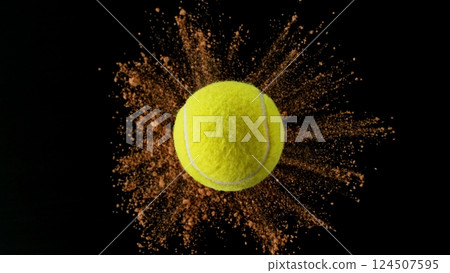 Tennis ball with coloured powder explosion. Tennis ball with coloured powder explosion. 124507595