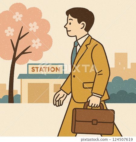 Spring illustration of a businessman heading to the station | New life, commuting scenery, retro style business person 124507619