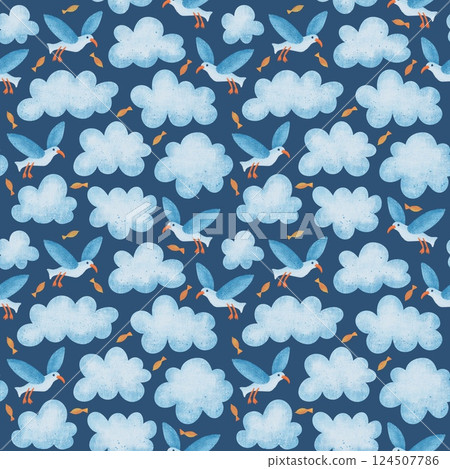 Cute seagulls and cloud. Seamless pattern Cartoon weather character. Hand drawn style 124507786
