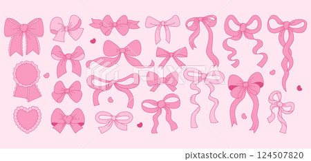 Vintage Coquette Pink Ribbon Bow Set. Romantic Girly Vibe. Vector illustration. Isolated Cute Whimsy Trendy Aesthetic Elements for designs, invitations, cards and decoration 124507820