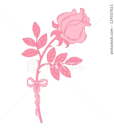 Vintage Pink Rose with Coquette Bow Ribbon. Romantic Girly Vibe. Vector illustration. Cute Trendy Aesthetic Garden Flower 124507821