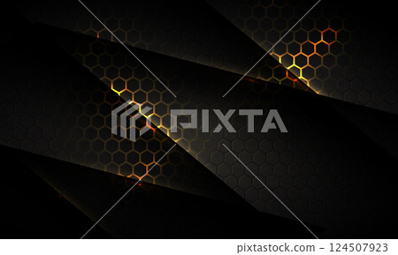 Dark hexagon gaming abstract vector background with yellow and orange colored bright flashes. Dark hexagon gaming abstract vector background with yellow and orange colored bright flashes. 124507923
