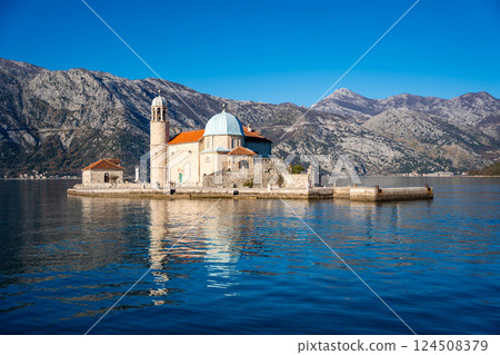 Church of Our Lady of the Rocks near Perast in Montenegro. Boka Kotor bay, Europe.  124508379