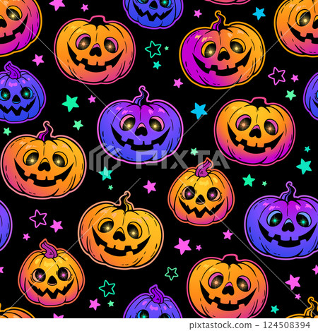 seamless illustration of halloween smiling pumpkins with glowing eyes 124508394